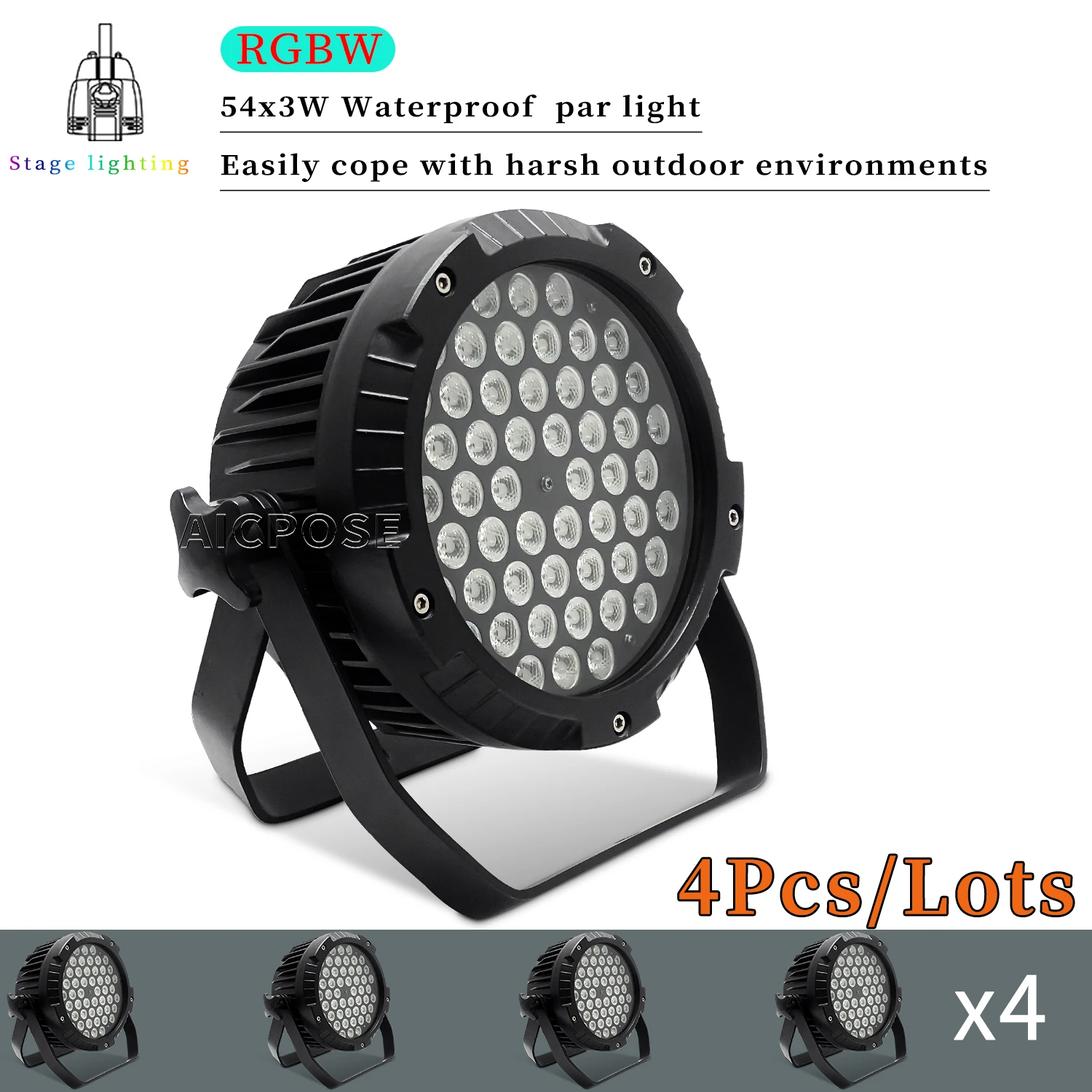 4Pcs IP65 Waterproof Par Light 54x3W RGBW Color LED Stage Light DMX Control Professional DJ Disco Equipment Dance Floor Lighting