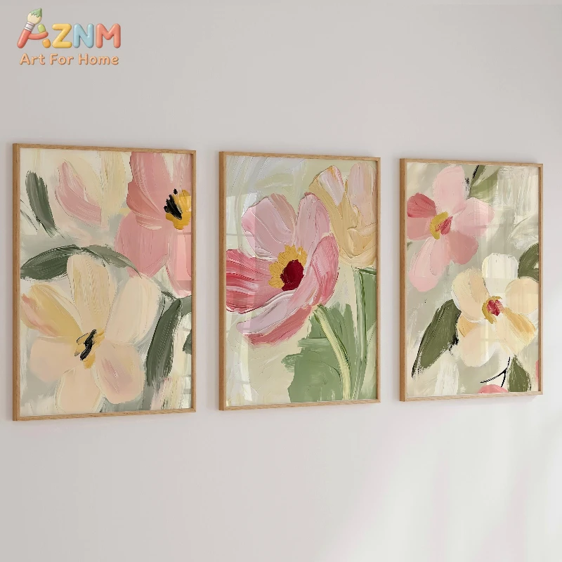 3PCS Abstract Floral Oil Painting Canvas Wall Art Set Pastel Pink Green Flower Prints for Living Room Bedroom Decor Unframed