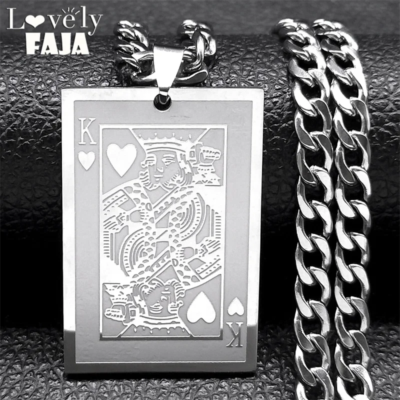 King K of Hearts Playing Card Pendant Necklace Women Men Hip Hop Punk Stainless Steel Necklaces Jewerly Gift Boyfriend N3225S03