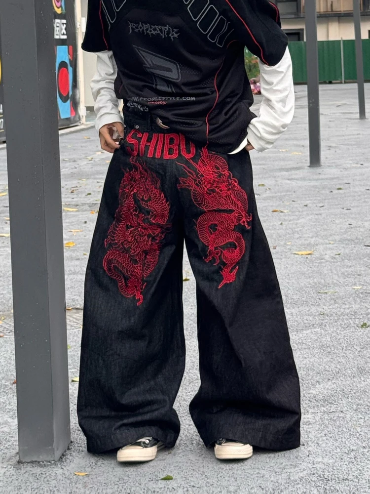

American Street Sle Heavy Embroidery Double-Sided Wear Red Dragon High Street Jeans Loose Wide Leg Straight Cut Men's Trousers