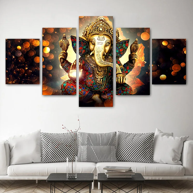 5 Panels /Set The Hindu God Ganesh Elephant Canvas Printing Wall Art Posters and Prints Living Room Home Decor No Frame