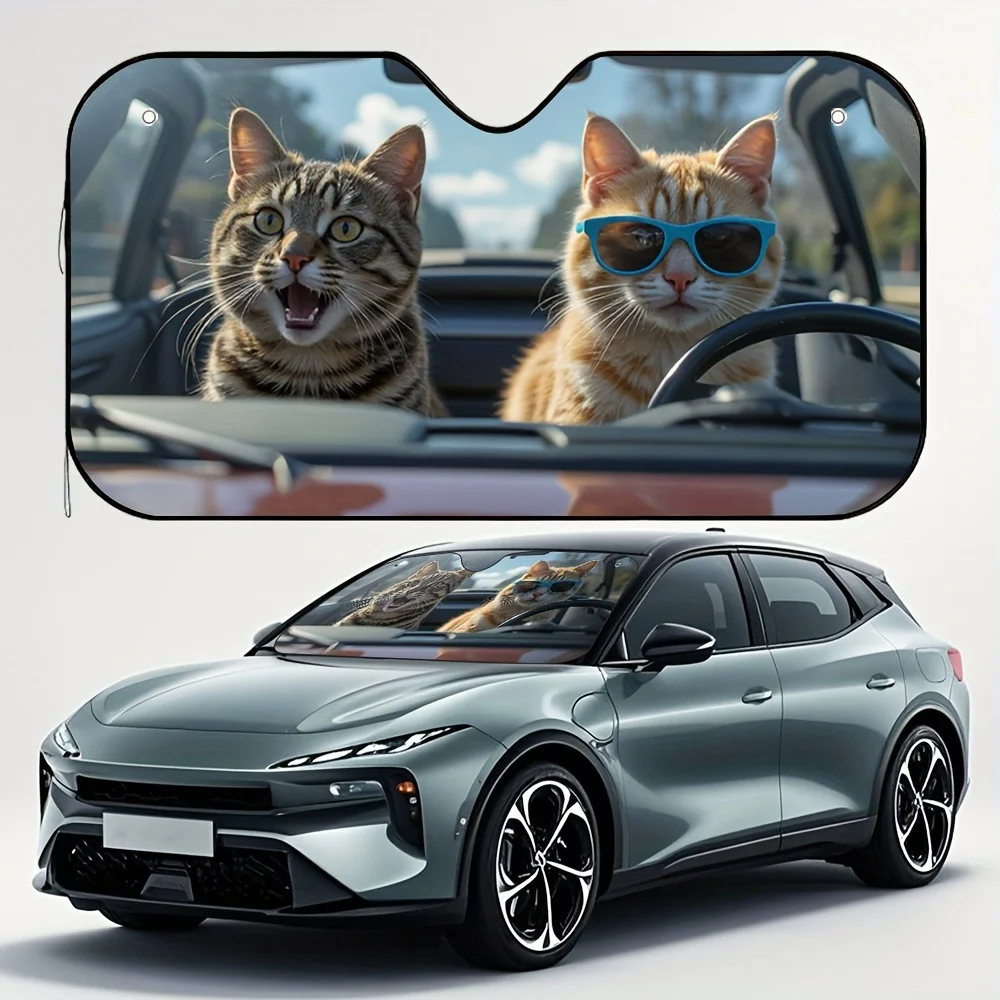 1pc Ninja Cat UV Blocker Car Sun Visor - Adjustable Carbon Fiber Finish For Sports Cars, Martial Arts Inspired Design With Playf