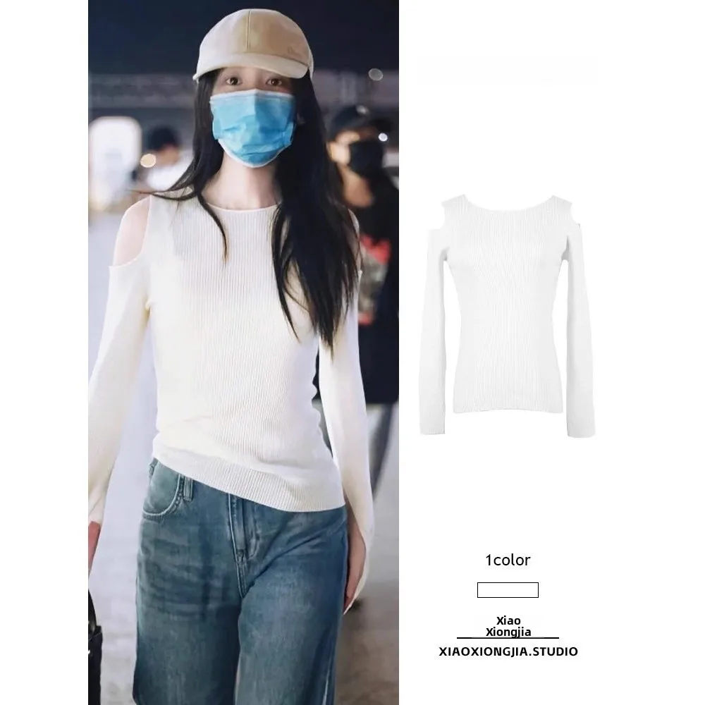 

White Off-oulder Long Sve Knitted irt Women's Slim Fit Bell Sve Gentle Personali Autumn Faion Casual Cotton Blend