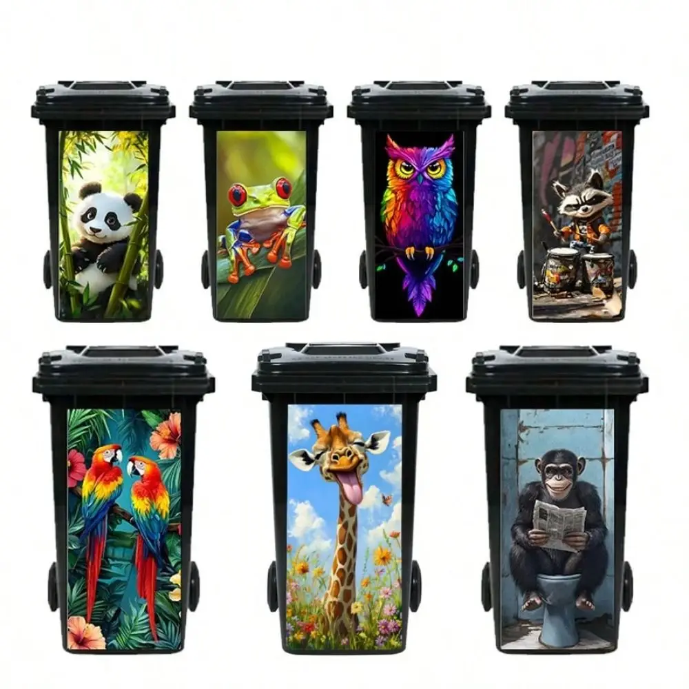 Funny Animal Series Garbage Pail Stickers 2D Waterproof Dustbin Poster PVC Self Adhesive Wheelie Bin Sticker Outdoor Patio Decor
