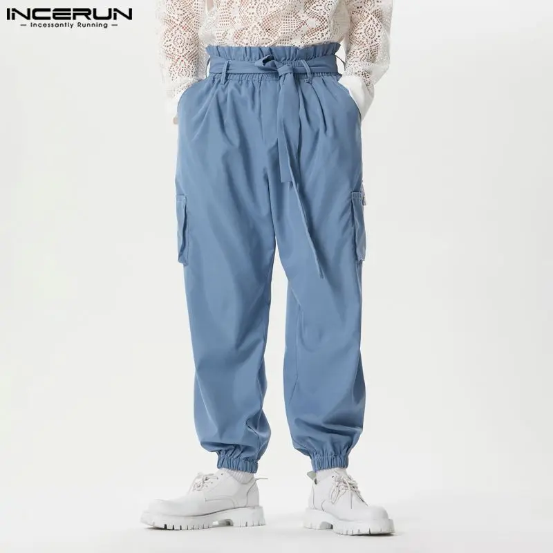 INCERUN męskie spodnie Cargo solidne biegacze spodnie z elastyczną talią męskie z paskiem Streetwear luźne 2024 moda Casual Pantalon S-5XL