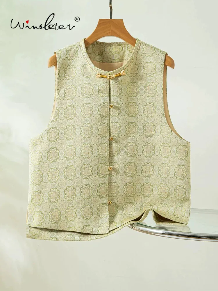 Winsleter-100%Real Silk Song Brocade Elegant Vest Coat, O Neck Geometry, Women Luxury Loose Waistcoat, 2026 Autumn New C69204CC