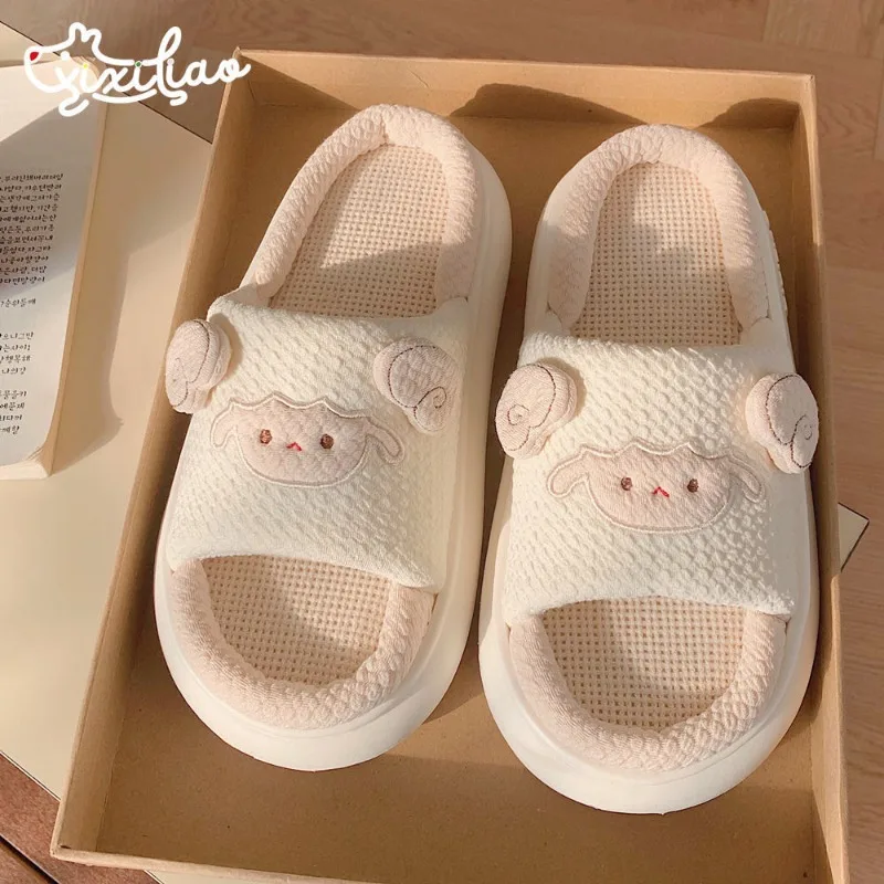 2024 New Linen Slippers Cute Sheep Slippers Women Summer Platform Soft Home Cartoon Funny Unisex Four Seasons Indoor Slippers