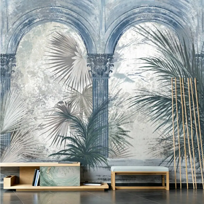 Customize any size Retro architecture Mural Tropical Palm Leaf Wallpaper Large Living Room Entryway Background Home Wall Decor