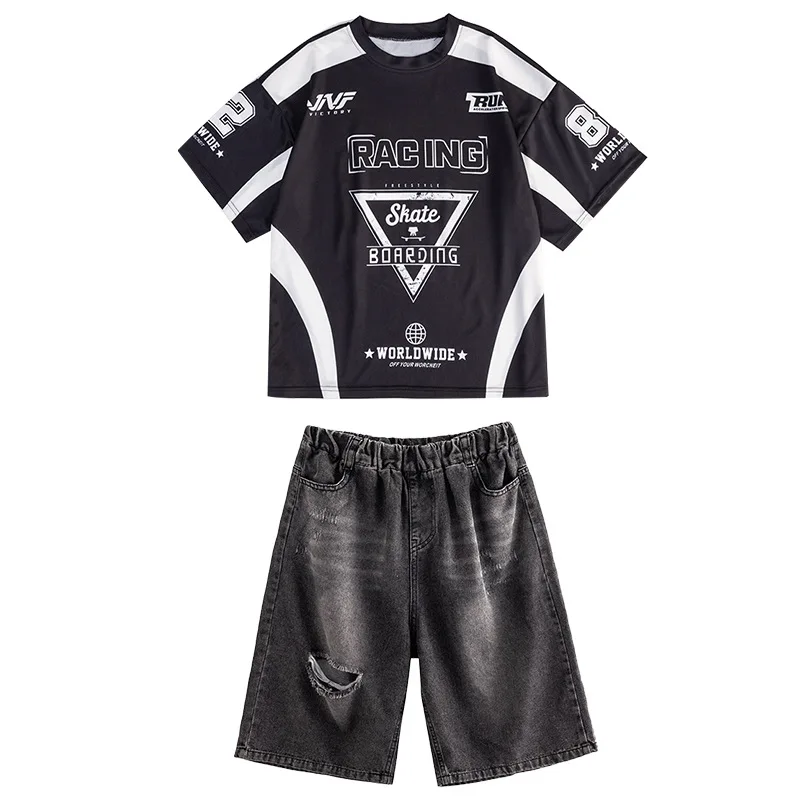 Ropa de Hip Hop Kpop para chico, camiseta con letras blancas y negras, pantalones vaqueros rasgados informales, pantalones cortos para niña y niño, Ropa de baile de Jazz, disfraces