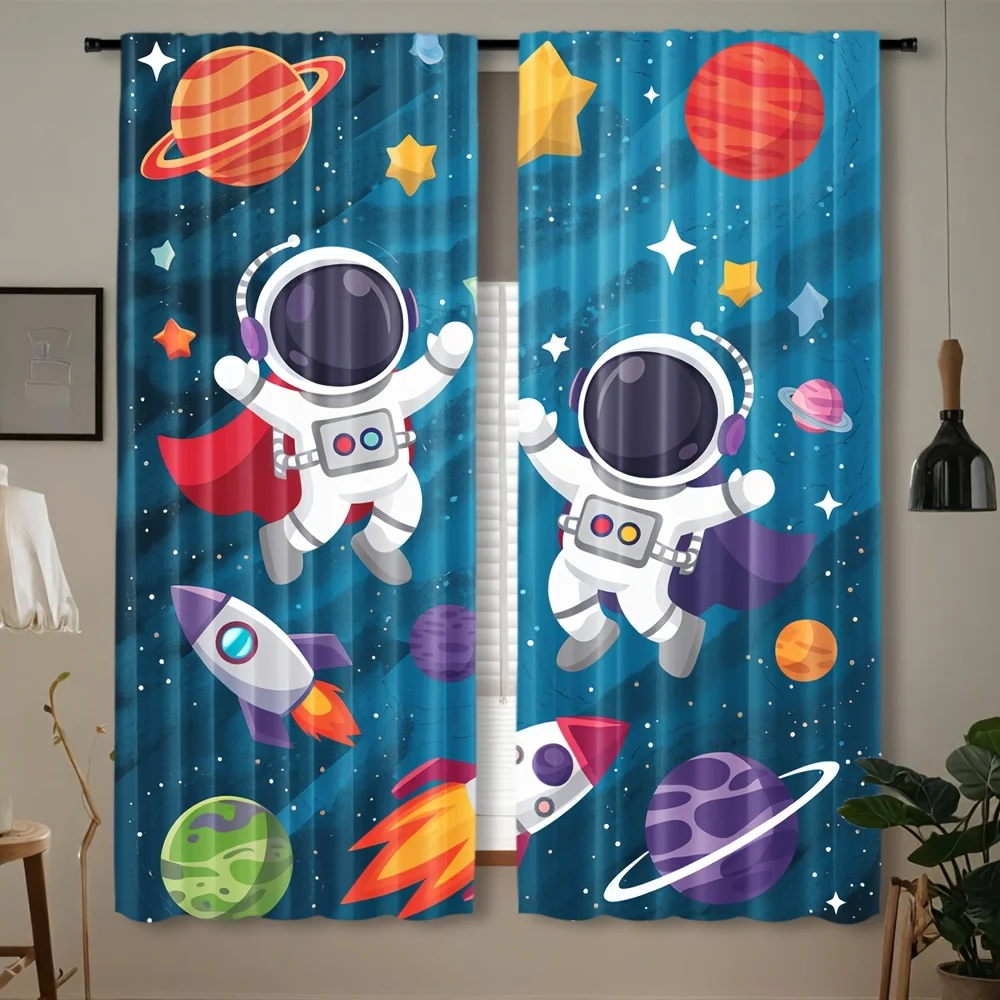 Cartoon Astronaut Planet Rocket Blackout Rod Pocket Curtain Starry Space Decor Kids Homestay Bedroom Rest Bay Window