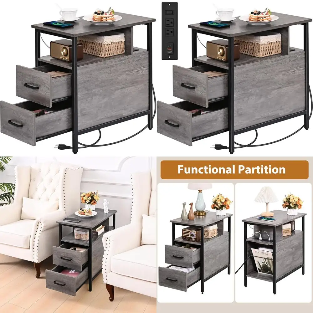 

Gray Charging Station End Table with Wooden Drawers, USB & Outlet, Ideal for Living Room and Bedroom