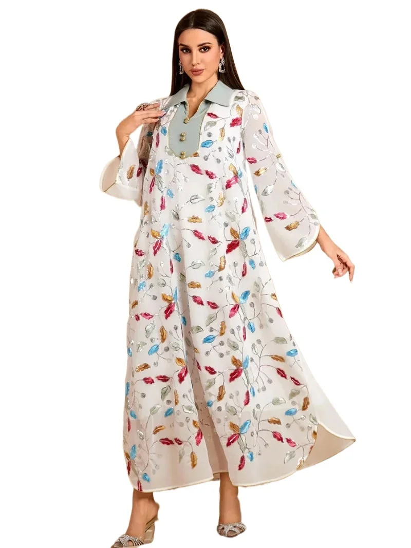 

New Fashion Floral Embroidery Maxi Dresses Mesh Sleeve Kaftan Abaya Femme Musulmane