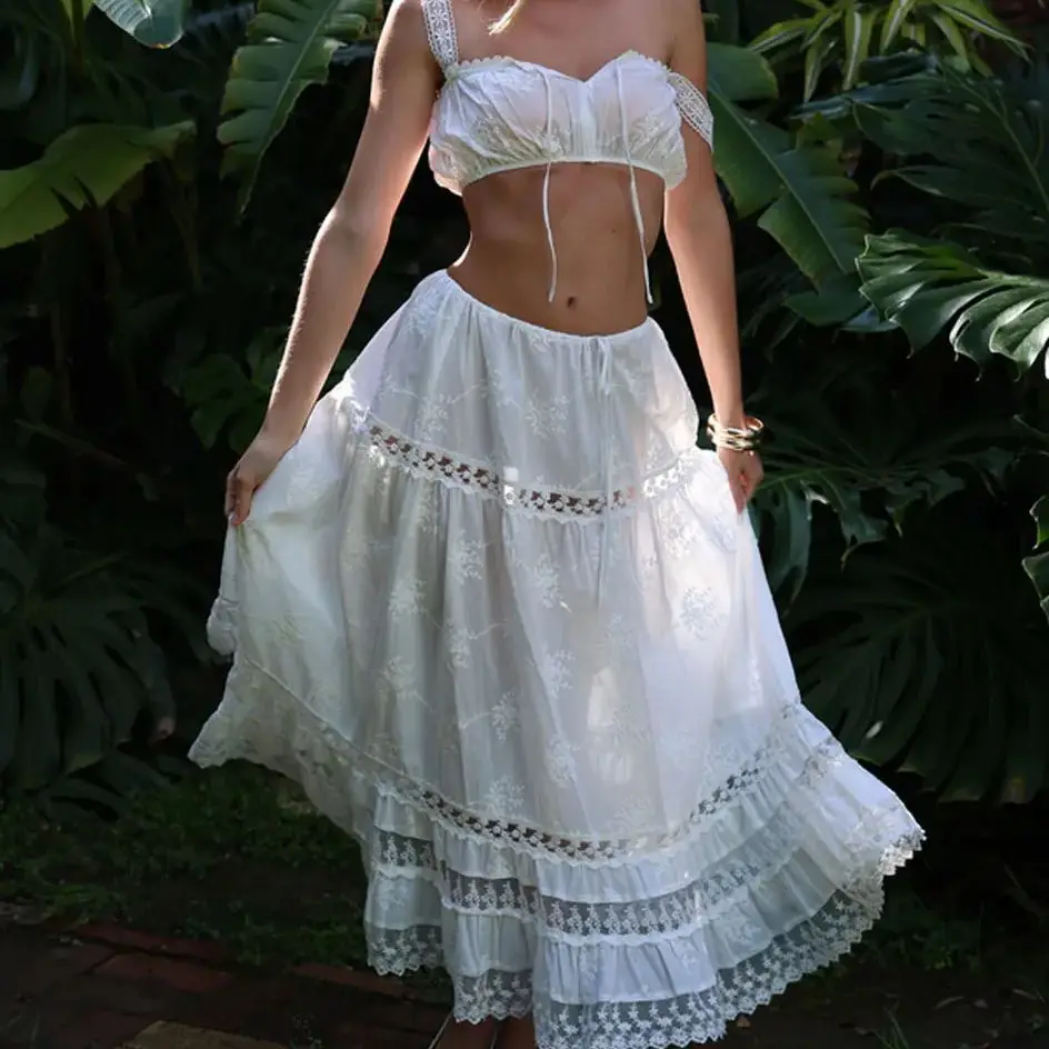 custom Summer White Bohemian Crop Tops Party Dress Set for Beach Photoshoot Sexy Flower Evening Prom Gown Bridal Wedding Dresses