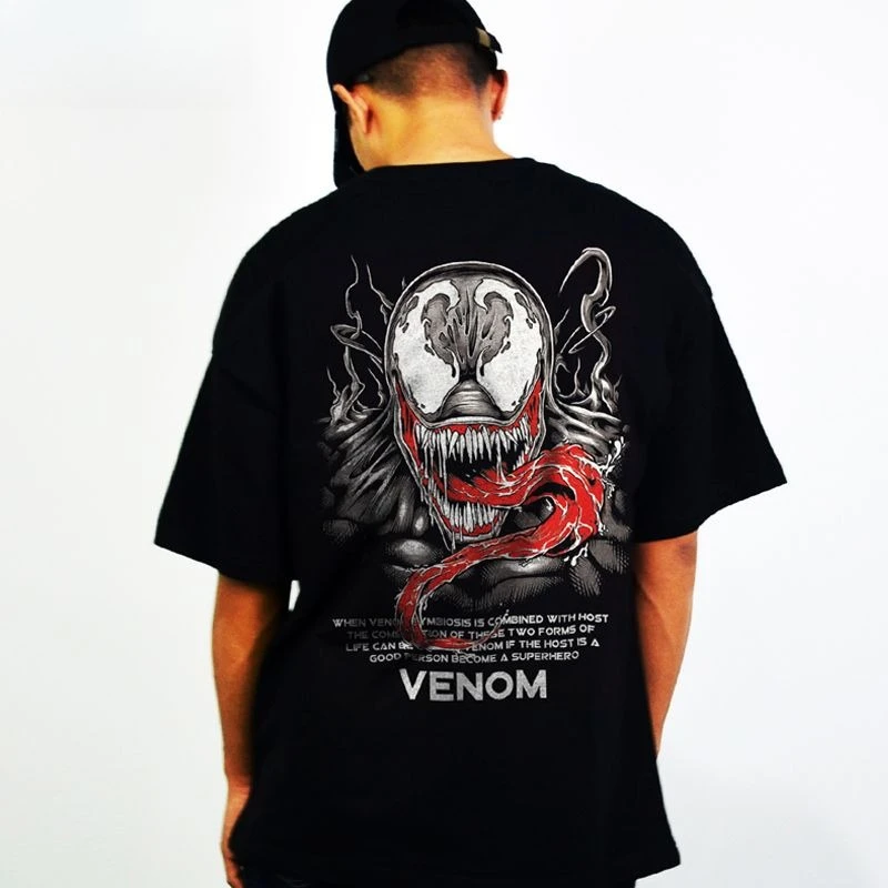 

Оригинальная высококачественная модная тенденция с принтом Venom Marvel, свободные мужские и женские свободные рукава из чистого хлопка в стиле хип-хоп с короткими рукавами