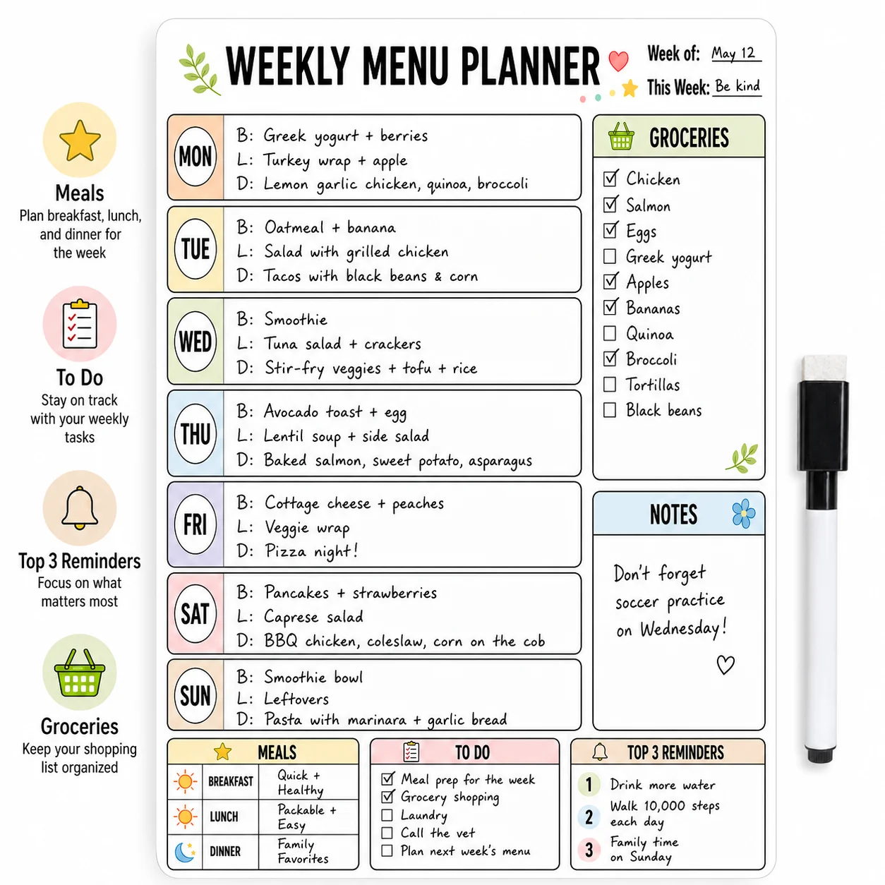 1pc Fridge Dry Erase Weekly Menu Planner Sticker With 1 Erasable Marker, Reusable Whiteboard Meal Planning Board For Kitchen Gro