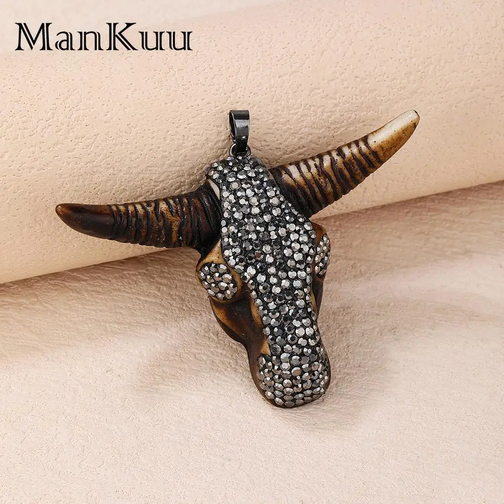 mankuu vintage antique bronze plating bull head with zircon pendant sweater chain necklace jewelry for women men