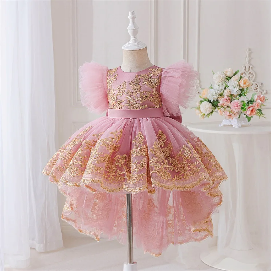 Little Girls Pink Tulle Formal Dress Ruffle Fly Sleeve Gold Lace Embroidery Big Back Bow Puffy Skirt Toddler Pageant Dress ASQ03