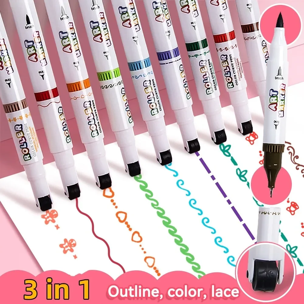 

Kawaii Highlighter Pen 3in 1 Roller Dual Tip Curve Liner Marker Pens Different Wave-Shaped Journal Scrapbook School Stationery