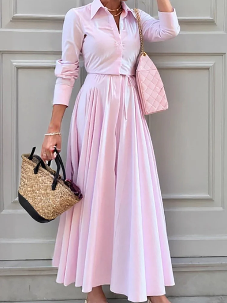 

Розовый свободный плиссированный женский комплект из двух предметов, осенний новый женский костюм с лацканами и юбкой, элегантный праздничный наряд с длинными рукавами