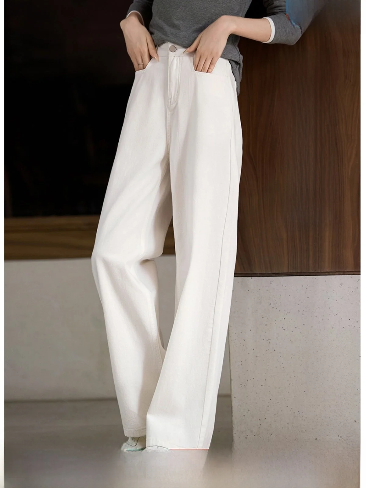 

Белые прямые джинсы женские, весенняя коллекция, с эффектным дизайном талии, широкие брюки, защита от просвечивания, бренд XWI