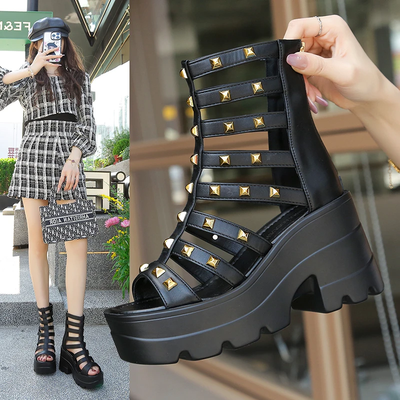 

Women's Studded Gladiator Sandals Platform Wedge Heel Open Toe Back Zipper Casual Summer Hollow Out High Top Shoes for Ladies