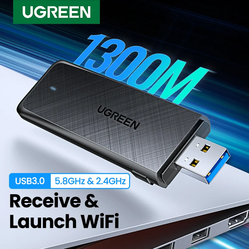 

UGREEN WiFi Adapter USB3.0 AC1300Mbps 5.8G&2.4G USB WiFi for PC Desktop Laptop Windows WiFi Antenna USB Ethernet Network Card