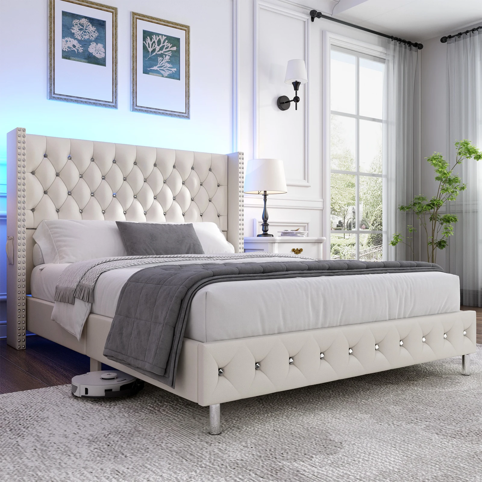 Queen LED Upholstered Bed Frame with Wingback Headboard, Velvet Diamond Button Tufted Bed Frame with USB & Type-C Ports