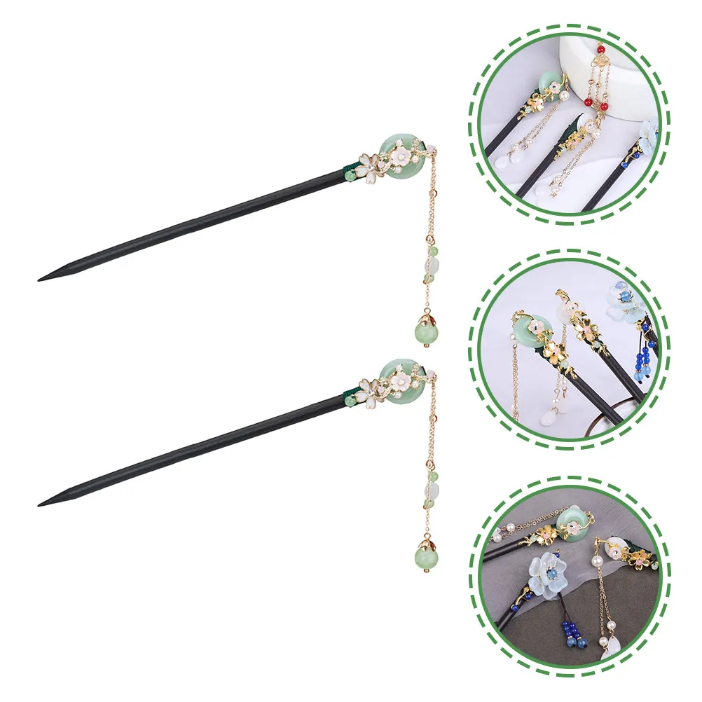 

2 шт. деревянные палочки для волос из черного эбенового дерева, заколки-шпильки для пучка, в китайском традиционном стиле, элегантные, с подвесками