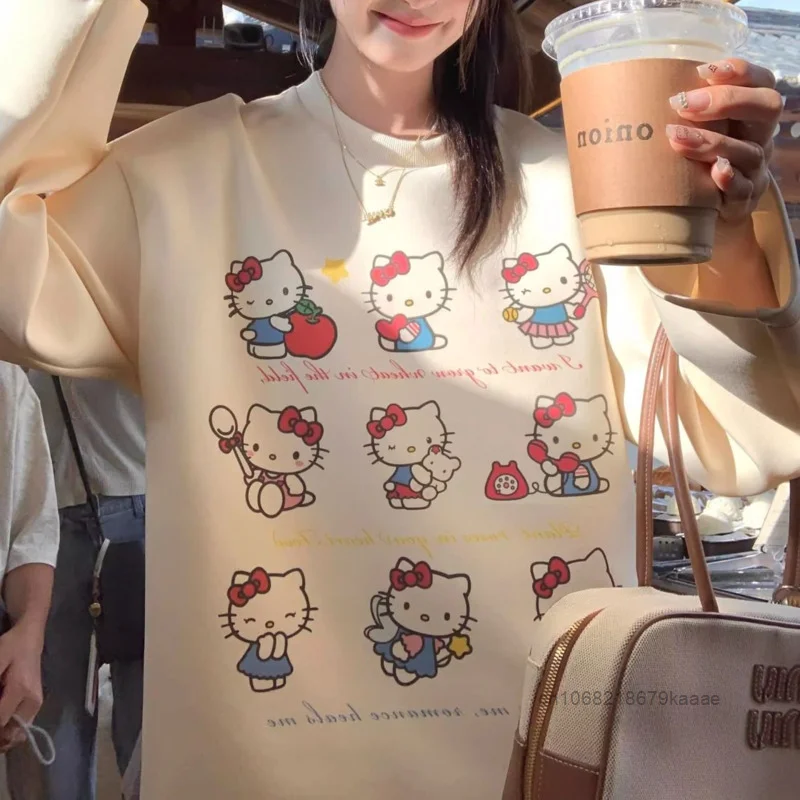 Sanrio Hello Kitty American Style Loose Long Sleeved T-shirt Women New Round Neck Cotton Top Simple Design Casual Versatile Tees