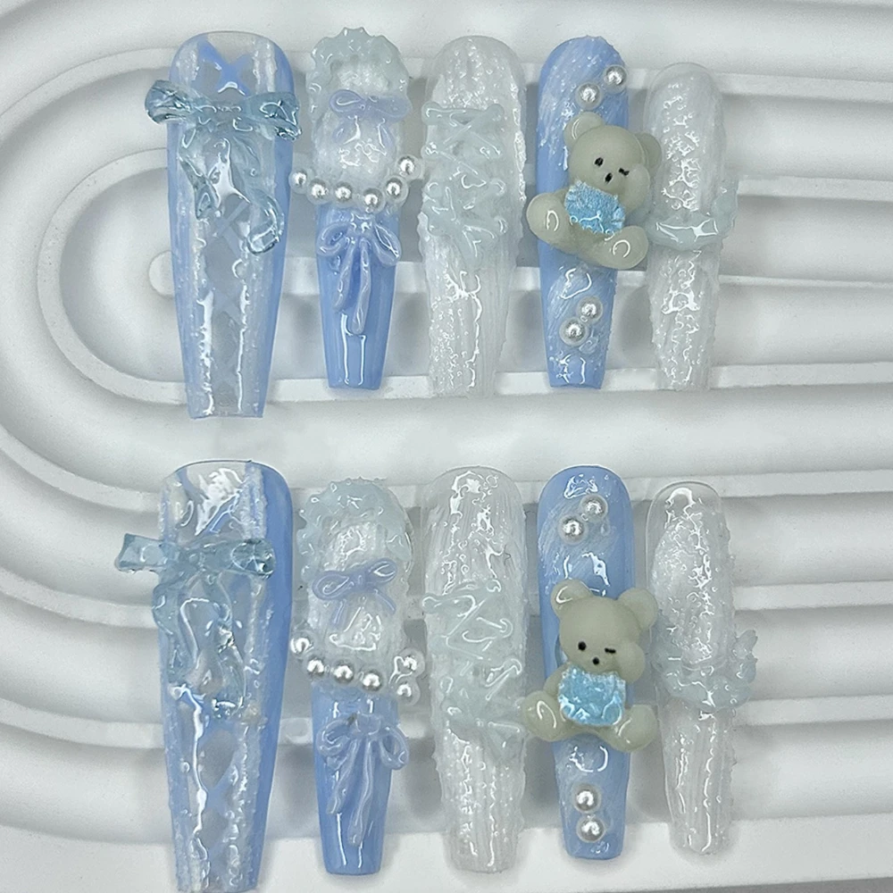 Rococo French Ballet Lace Handmade Press On Nails 3D Sweet Cute Bear Gypsum Bow Pearl Fake Nails Pink Blue Lolita Long Nail Art