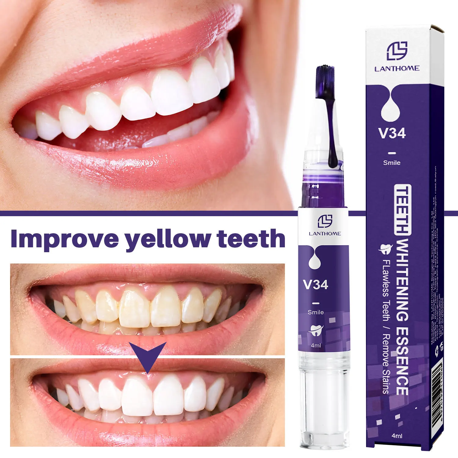 V34 Teeth Whitening Pen Purple Whitening Toothpaste Dental Whitening Tartar Removal Tooth Cleaning Effective Teeth Whitener 4ml