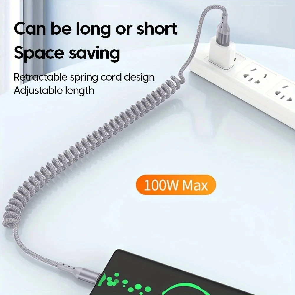 100W USB Type C Spring Car Fast Charging Cable