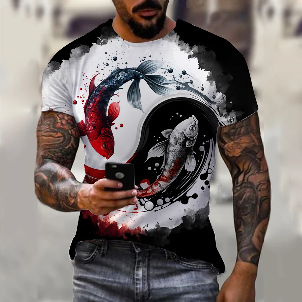 

Summer Men'S T-Shirts Fishing Pattern T-Shirts Short Sleeve 3D Animal Wolf Printed Street Hip Hop T Shirt Tai Chi Diagram