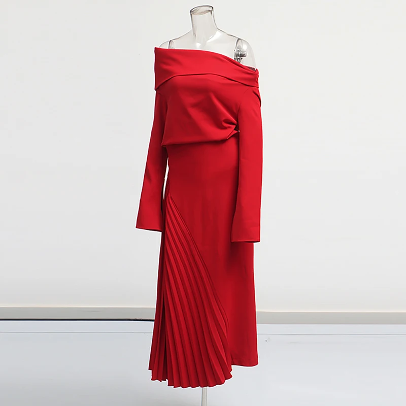 TWOTWINSTYLE Solid Patchwork Pleated Split Dress For Women Slash Neck Long Sleeve High Waist Temperament Dresses Female Style
