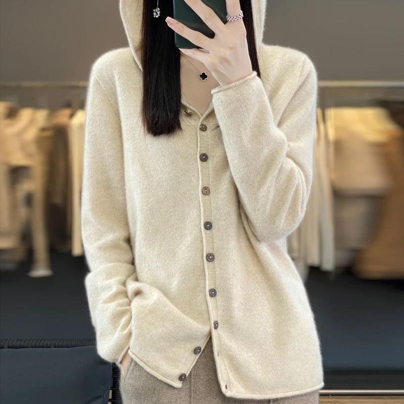 2024 Spring/Autumn/Winter Women Hooded Cardigan 100% Merino Wool Sweater Cardigan Women Korean Fashion Coat Solid Color Top