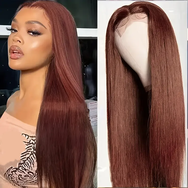 32 Inch Reddish Brown Straight Human Hair Wig 13x4 Lace Front Wig Colored Brazilian Transparent Lace Frontal Wig For Women