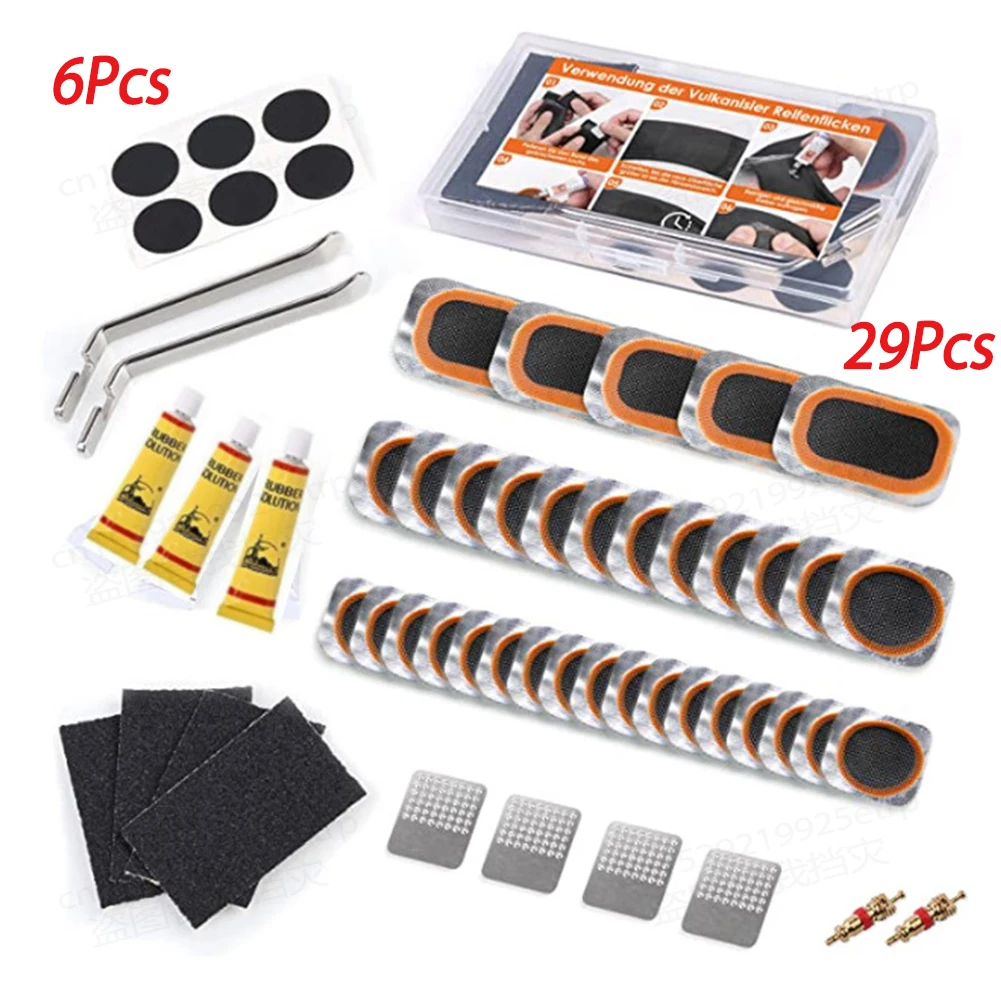 Bike Inner Tire Patch Repair Kit With 29Pcs Vulcanizing Patches 6Pcs Pre Glued Patchs Metal Rasp and Lever for Motorcycle BMX