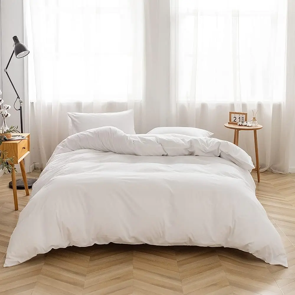

Queen Size Duvet Cover Set 3 Pieces, 100% Washed Cotton, Breathable and Soft for Year-Round Comfort in White