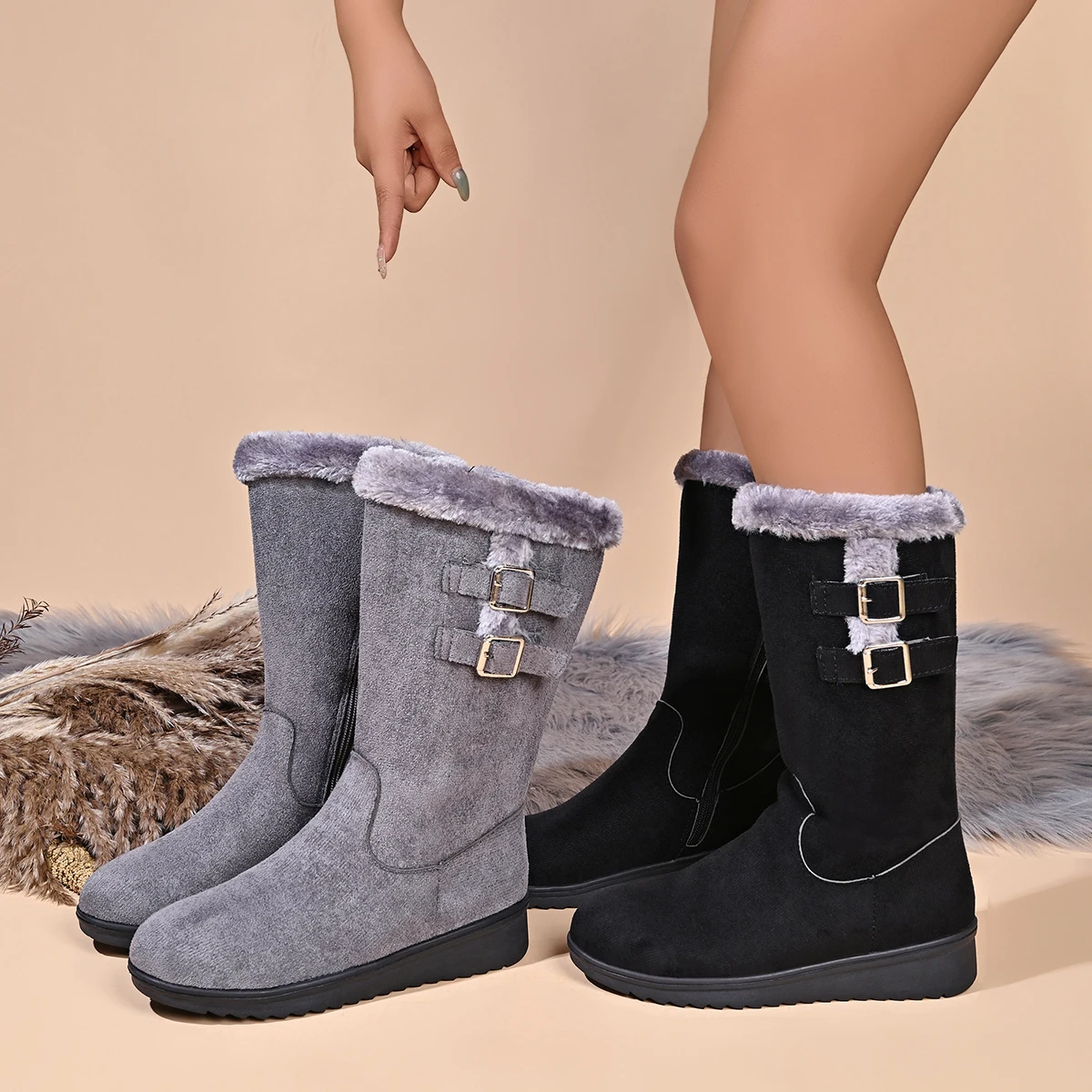 Fashion Hot-selling Elegant Short Plush Raised ZIP Flat Women's Boots Winter New Round Toe Modern Mid-calf Boots for Women