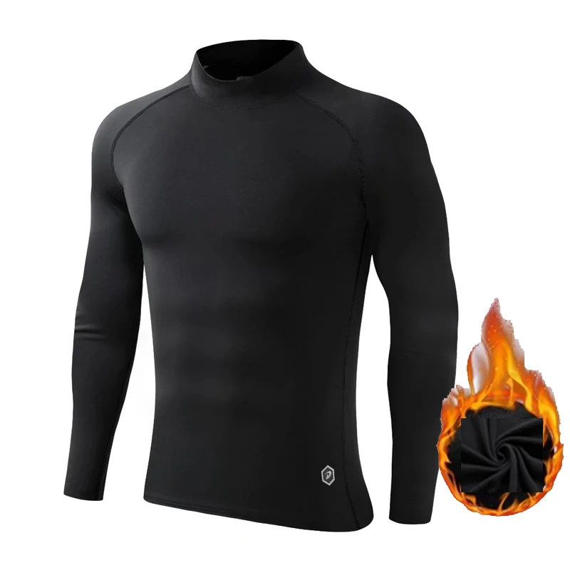 High Collar Long sleeve T-shirt Winter Men's First Layer shirt Sport Top Compression Second Skin Kids Fleece Thermal underwear