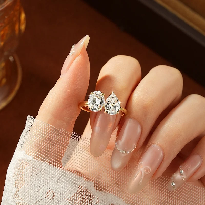 Rrjzz Birnen- & Rundschliff 7x9mm Doppel-CZ Labor-Diamant Mode Damen Verlobungsring 14k Vergoldeter Zirkonia Jubiläums-Schmuck Geschenke – Detail 6