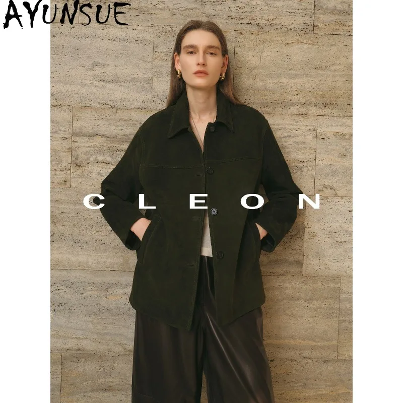 AYUNSUE Real Leather Jacket Woman Retro Casual Lapel Outerwears Loose Real Leather Jackets for Woman Clothes Jaqueta De Couro