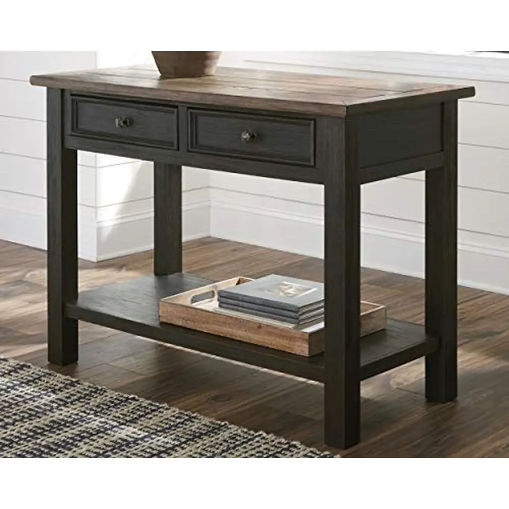 Farmhouse Style Wood Sofa Table with Drawers and Shelf Brown/Black 60"x18"x32.25 image 2