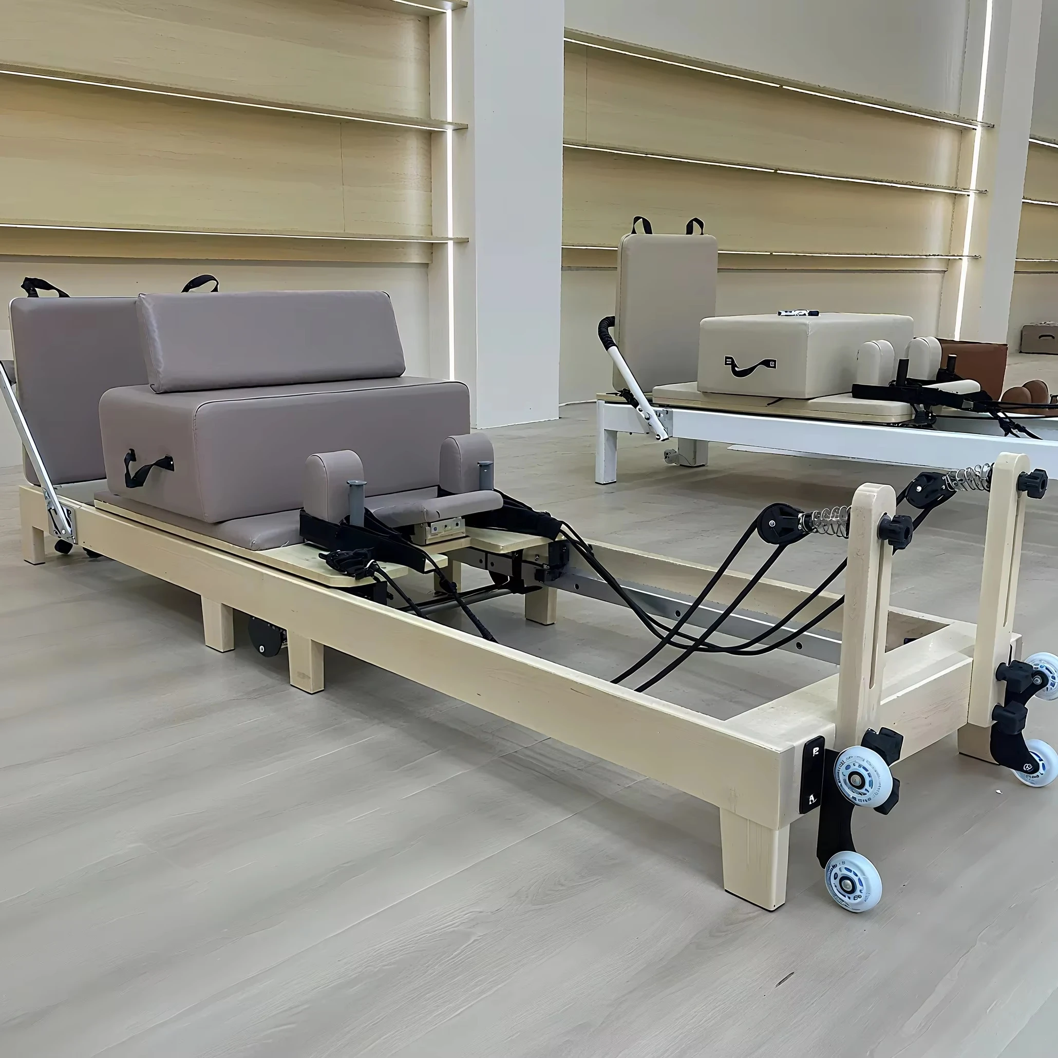 Space-Saving Foldable Wooden Pilates Reformer, 5-Level Springs for Core & Strength Training