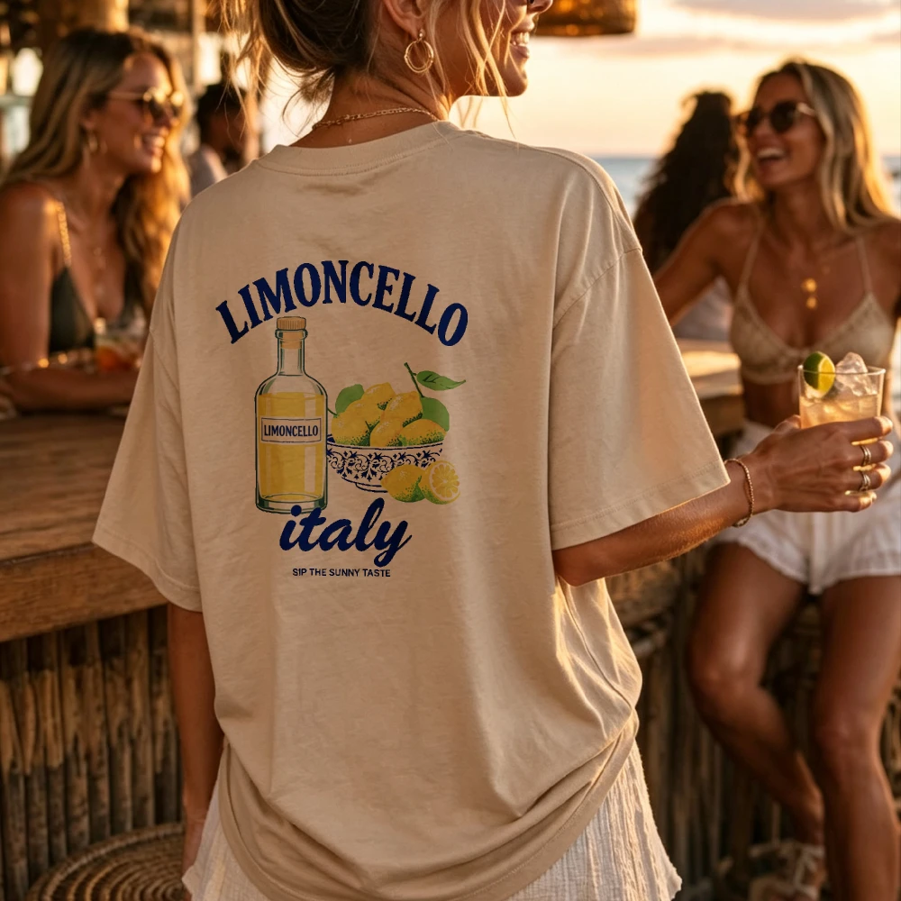 Limoncello Italy Lemon Bottle Boxy Women Tee Coastal Travel Outfit, Airy Cotton Top, Nice Holiday Gift for Citrus Wine Hobbyists