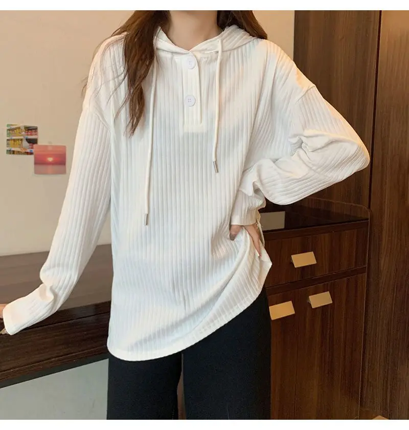 Hooded T-Shirt Button Lace Up Fashion Spliced Female Clothing 2023 Autumn New Oversized Casual Pullovers All-Match Tee Shirt