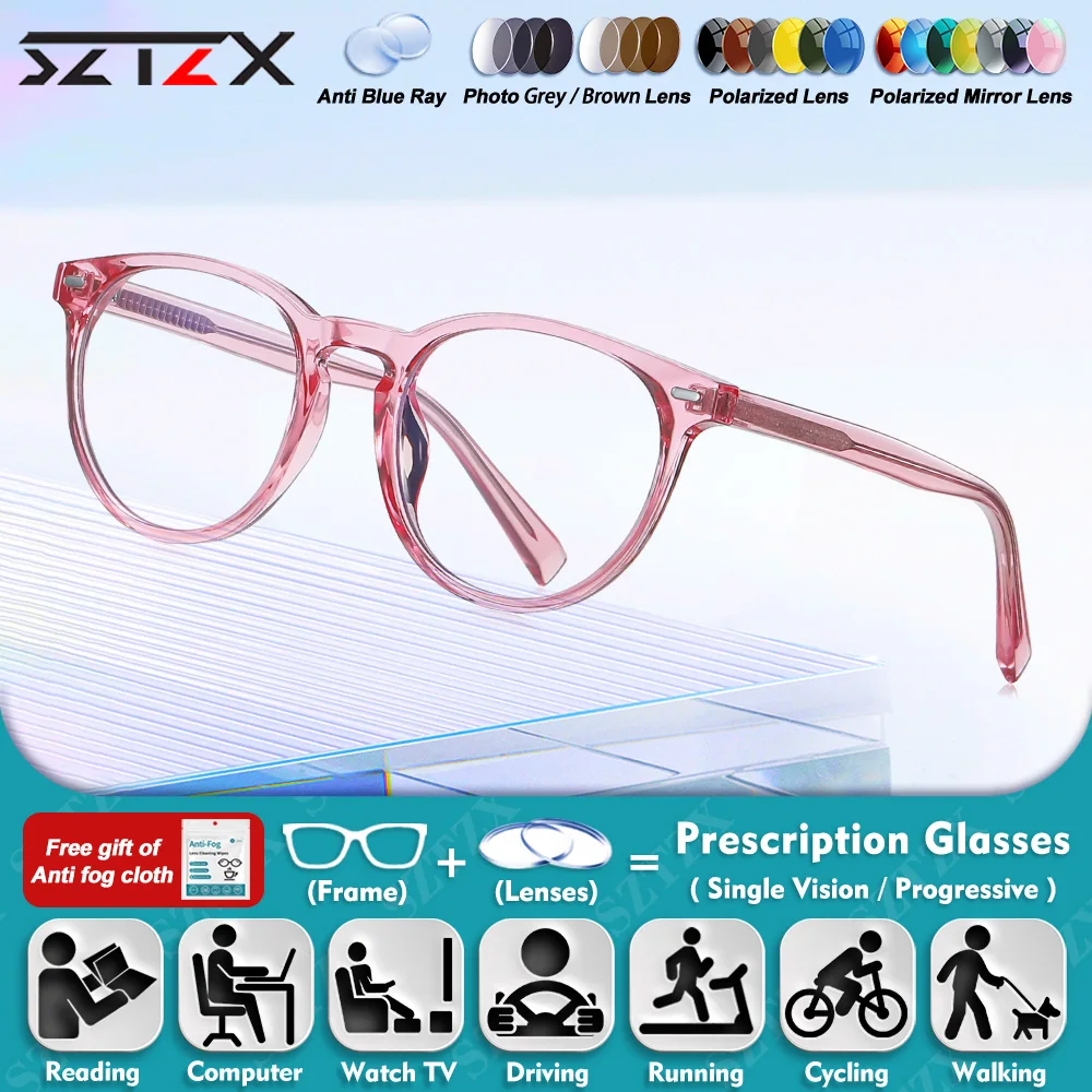 

SZTZX Minimalist Round Women's Myopia Hyperopia Reading Glasses Blue Light Blocking Progressive Prescription Optical Eyeglasses