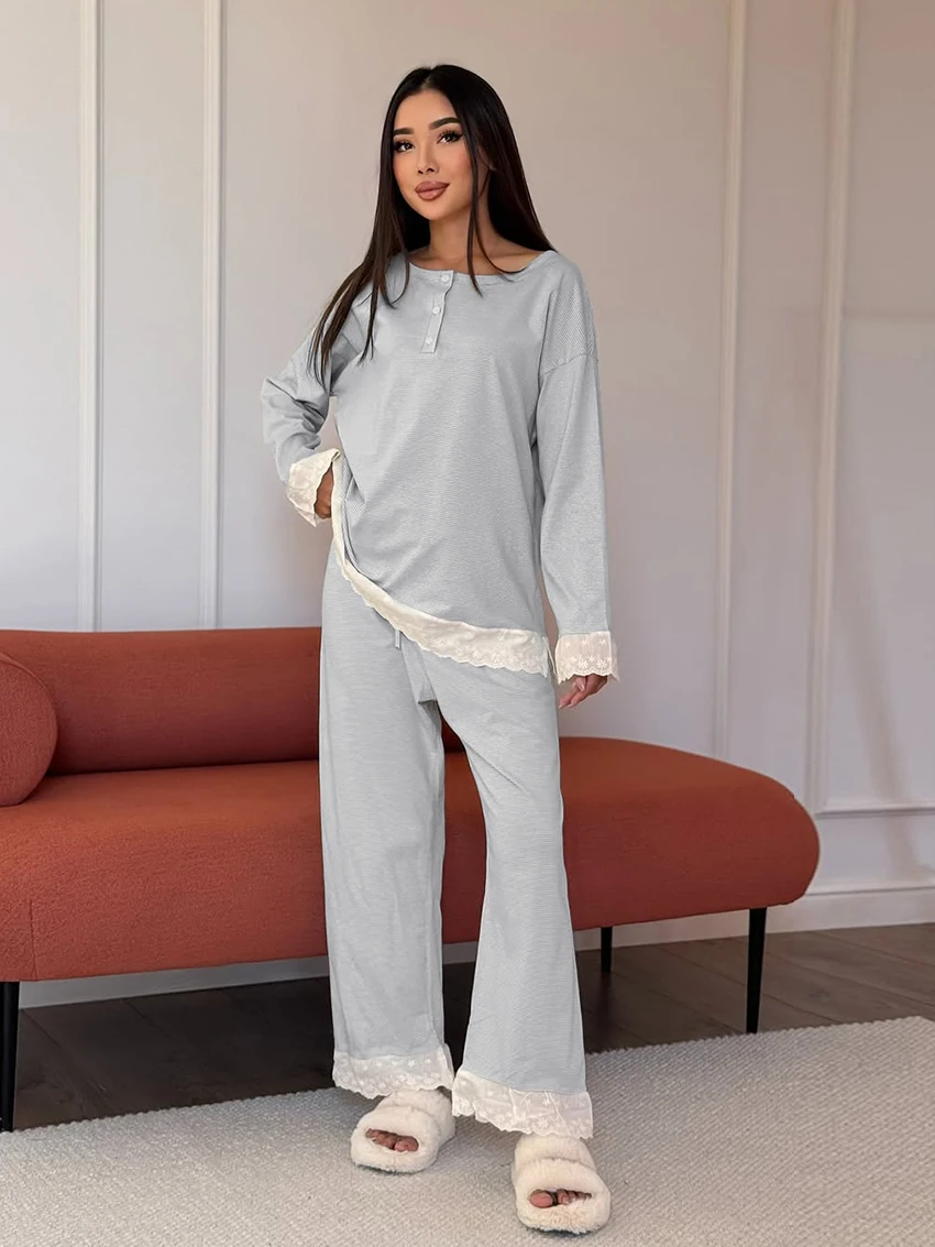 

Marthaqiqi Winter Women Sleepwear Set Long Sleeve Pajamas O-Neck Nightgown Lace Pants Casual Ladies Nightwear 2 Piece Suit Loose