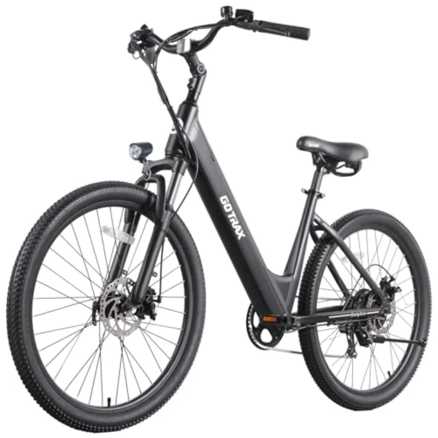 

City e-bike for adult: aluminum step-thru frame, matte black, 500W motor, 30-mile range, 5 pedal-assist levels, front suspensio
