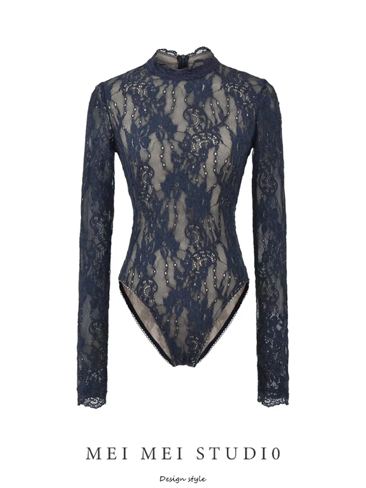 

Сексуальный женский комбинезон с высоким воротником, двойным слоем, кружевной отделкой, длинными рукавами, облегающий, стройнящий, базовый, в ретро-стиле, для повседневной носки